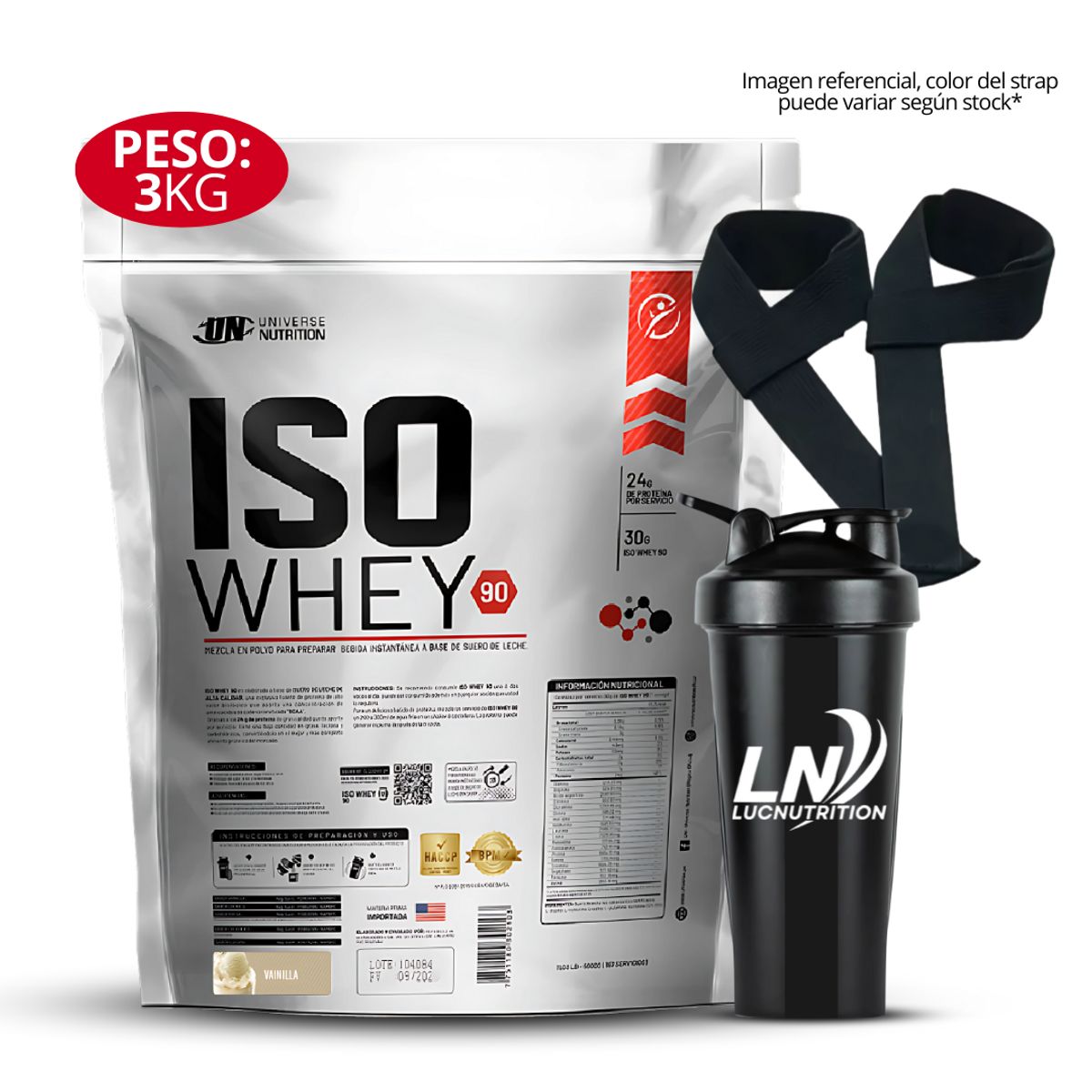UNIVERSE NUTRITION - Proteina Iso Whey 90 3 kg Sabor Vainilla + Shaker y Straps