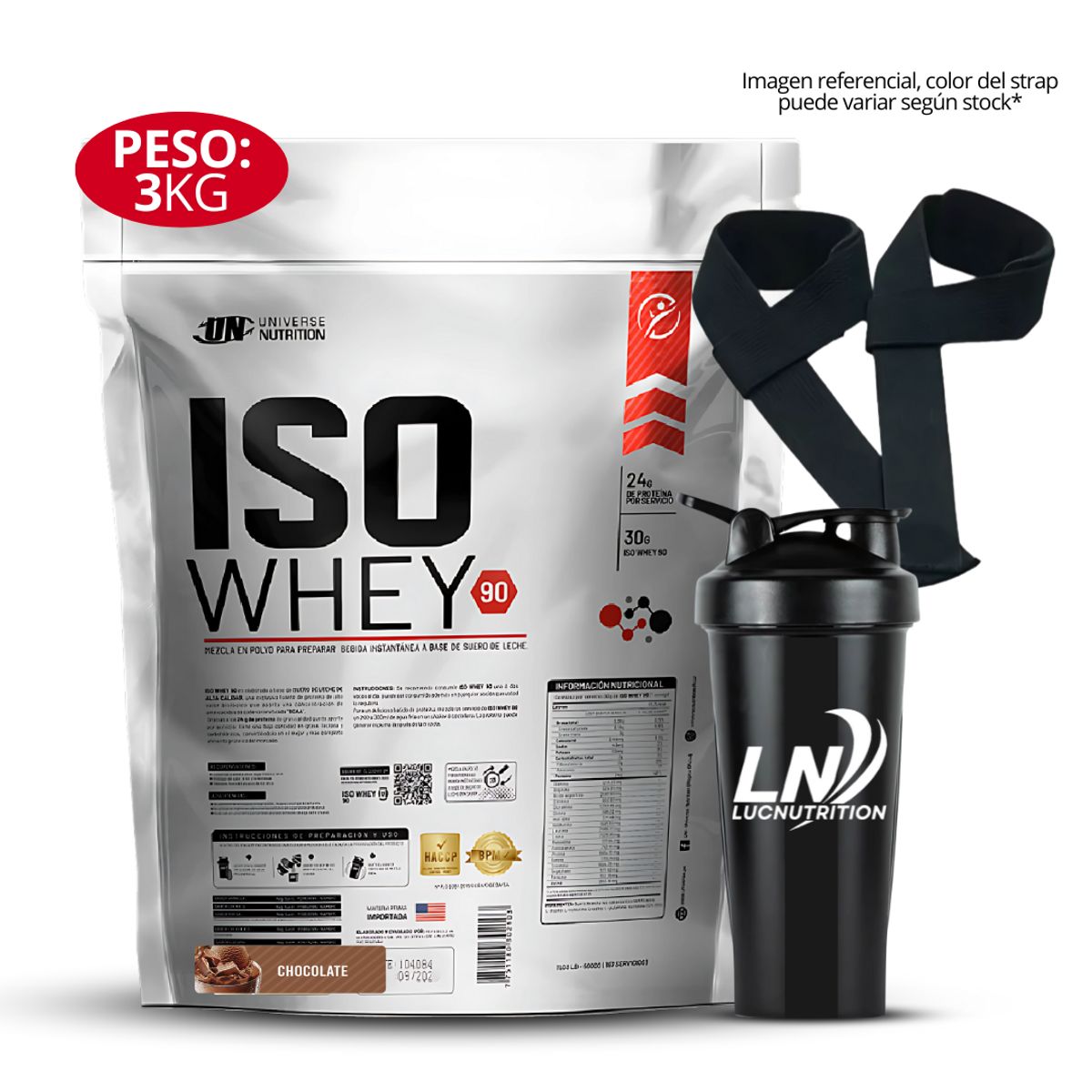 UNIVERSE NUTRITION - Proteina Iso Whey 90 3 kg Sabor Chocolate + Shaker y Straps