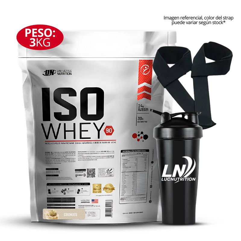 UNIVERSE NUTRITION - Proteina Iso Whey 90 3 kg Sabor Cookie and cream + Shaker y Straps