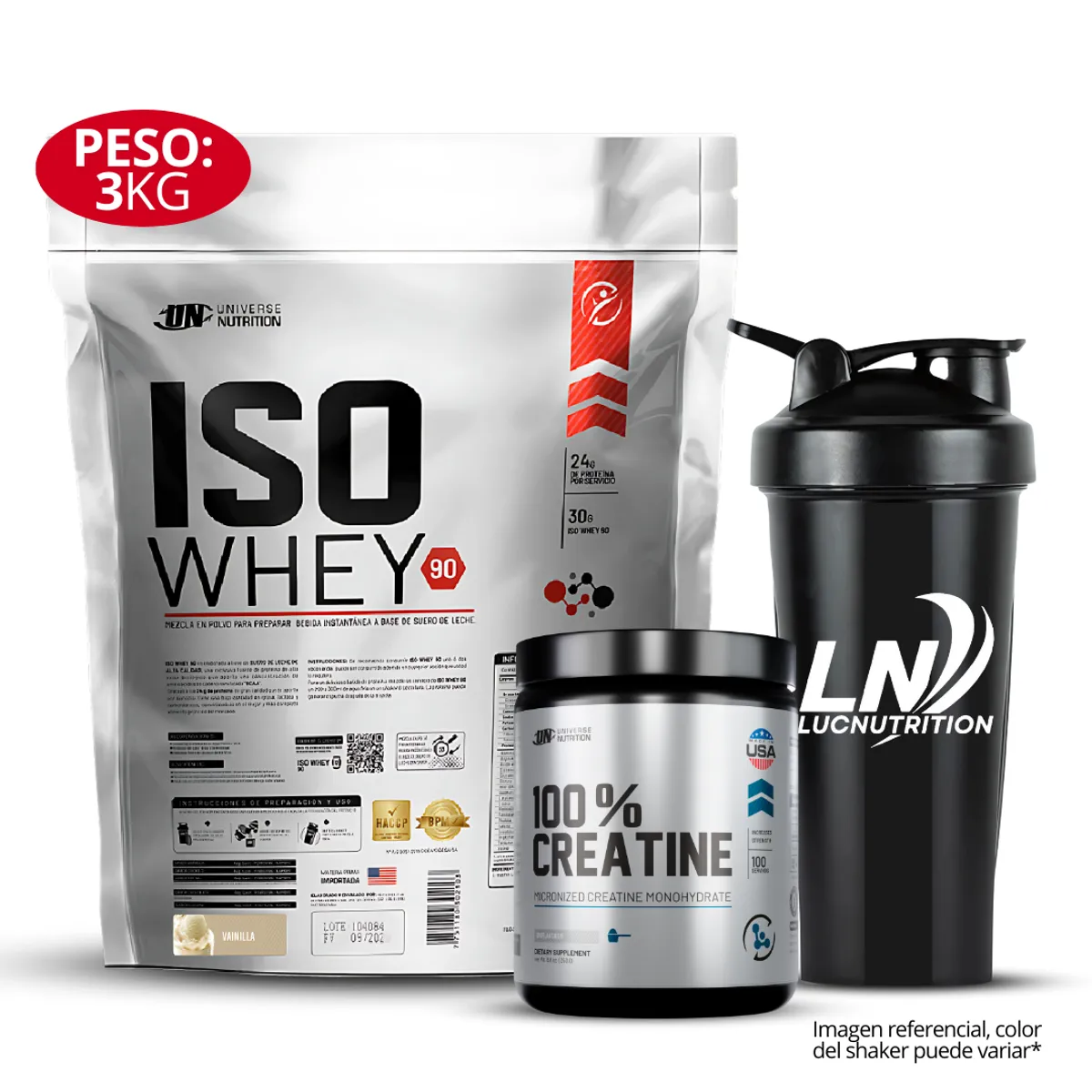 UNIVERSE NUTRITION - Iso Whey 90 3 kg Sabor Vainilla + 100 % Creatina UN 250 gr + Shaker