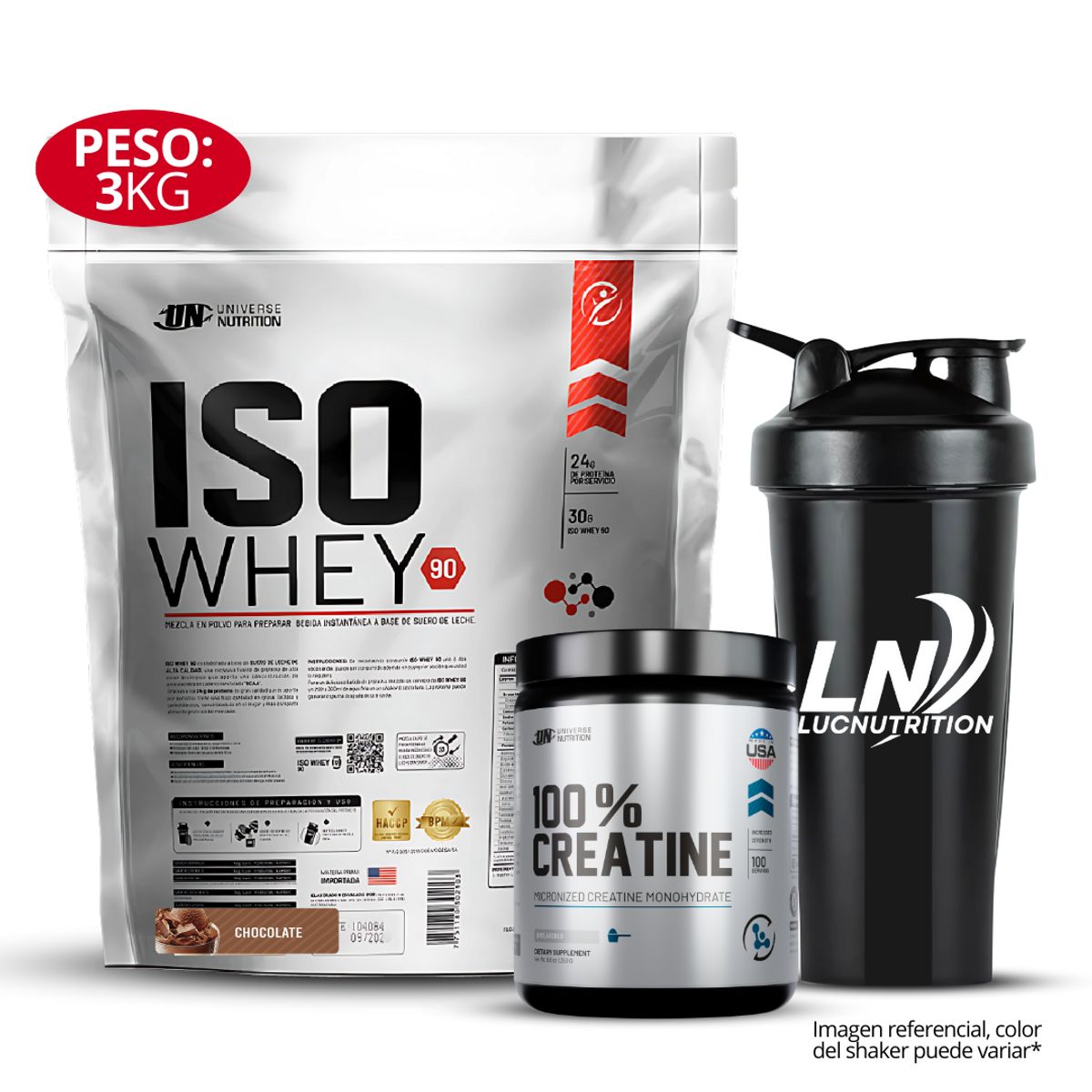 UNIVERSE NUTRITION - Iso Whey 90 3 kg Sabor Chocolate + 100 % Creatina UN 250 gr + Shaker