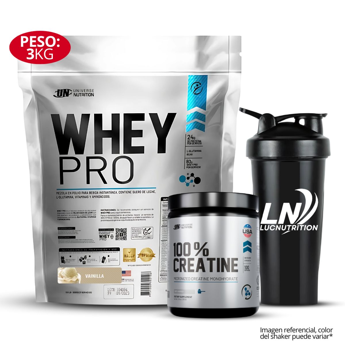 UNIVERSE NUTRITION - Proteina Whey Pro 3 kg Sabor Vainilla + 100 % creatina 250 gr shaker