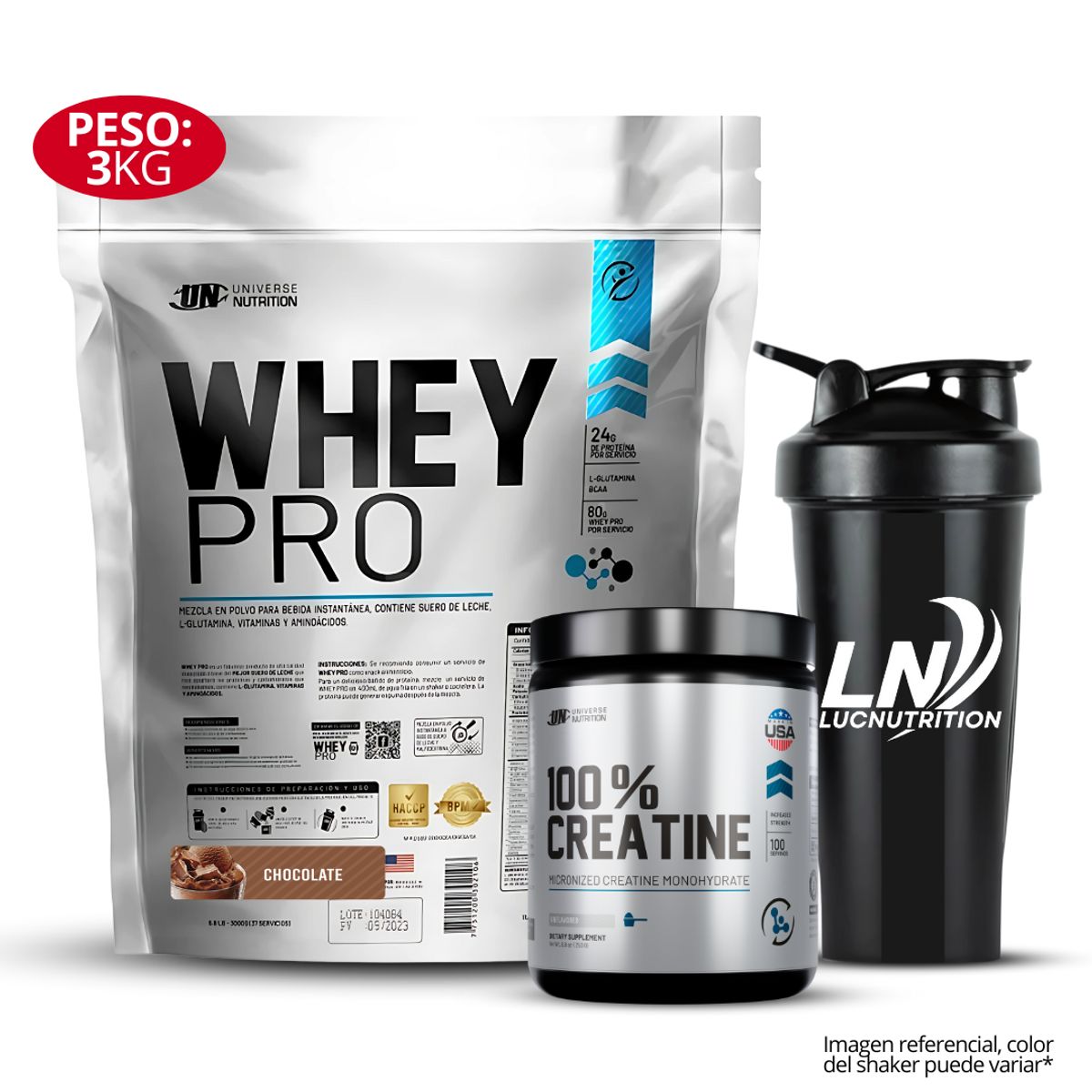 UNIVERSE NUTRITION - Proteina Whey Pro 3 kg Sabor chocolate + 100 % creatina 250 gr shaker