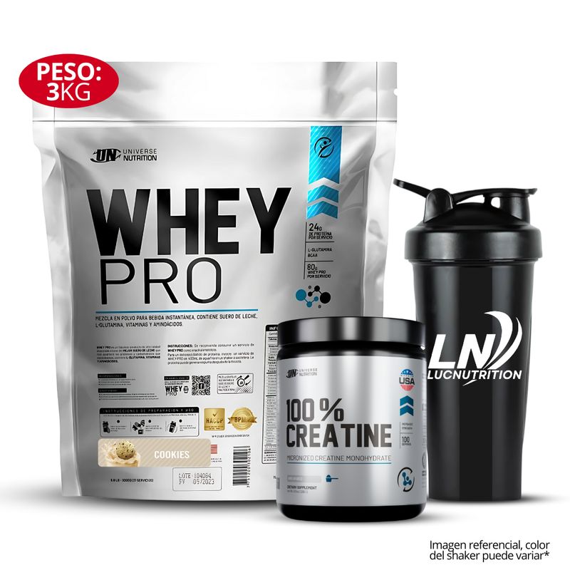 UNIVERSE NUTRITION - Whey Pro 3 kg Sabor cookie and cream + 100 % creatina 250 gr shaker