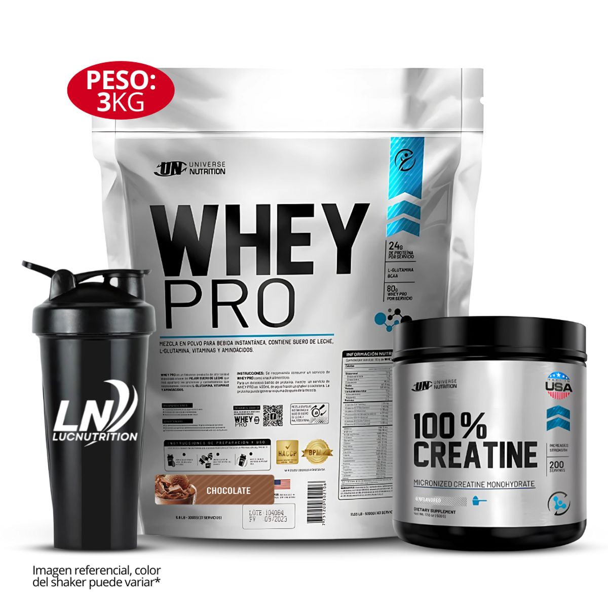 UNIVERSE NUTRITION - Proteina Whey Pro 3 kg Sabor chocolate 100 % creatina UN 500 gr shaker