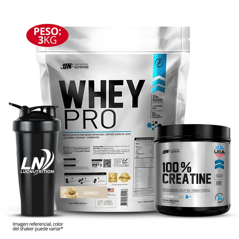 UNIVERSE NUTRITION - Proteina Whey Pro 3 kg Sabor cookie 100 % creatina UN 500 gr shaker