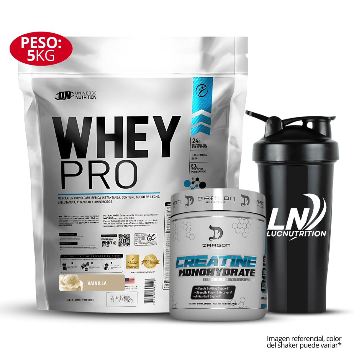 UNIVERSE NUTRITION - Whey Pro 5 kg Proteina Whey - vainilla + Creatina dragon pharma 300 g + shaker