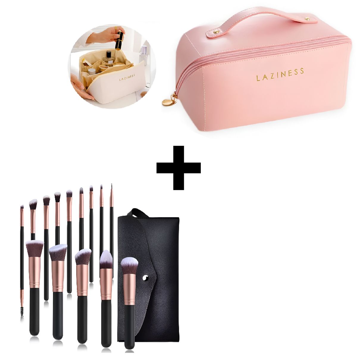 GENERICO - Combo Neceser de Cosméticos Rosa + Brochas de Maquillaje Set 15 Negro