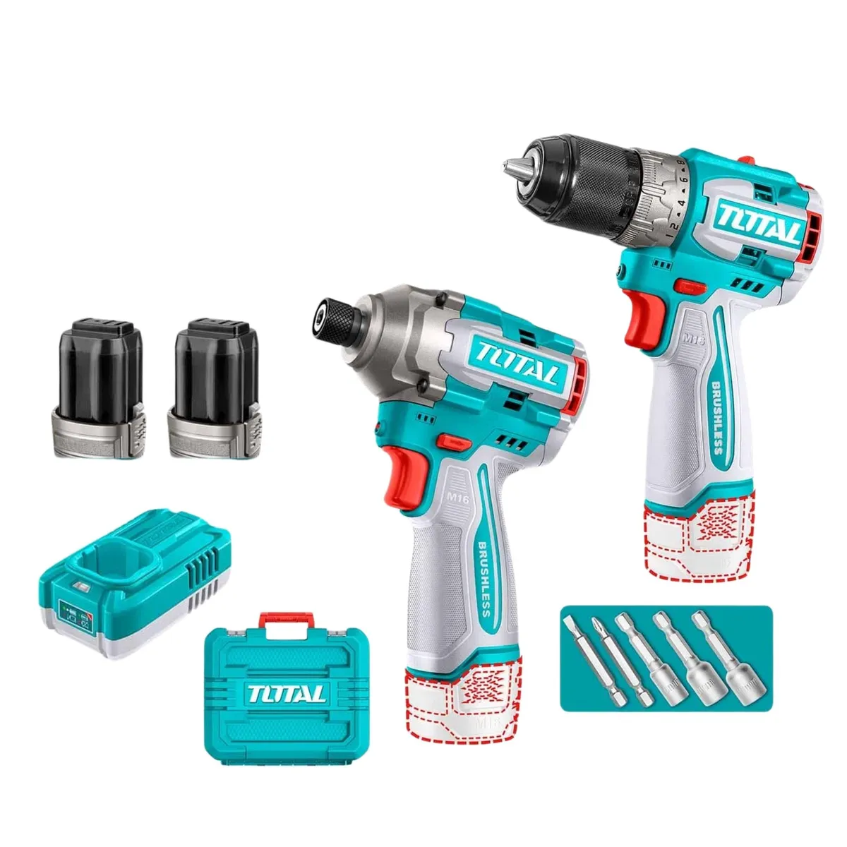 TOTAL TOOLS - Taladro atornillador + Atornillador de Impacto Brushless 16V TOTAL