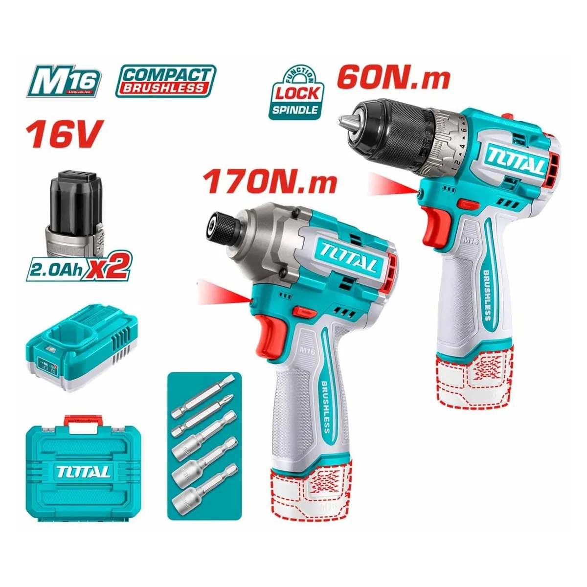 TOTAL TOOLS - Taladro atornillador + Atornillador de Impacto Brushless 16V TOTAL