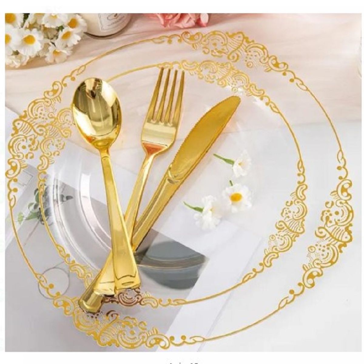 GENERICO - Plato de Sitio  Transparente con Bordes Dorados Acrilico