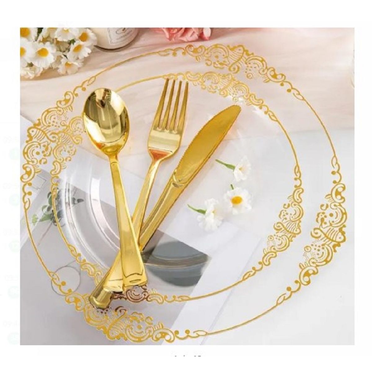 GENERICO - Plato de Sitio  Transparente con Bordes Dorados Acrilico