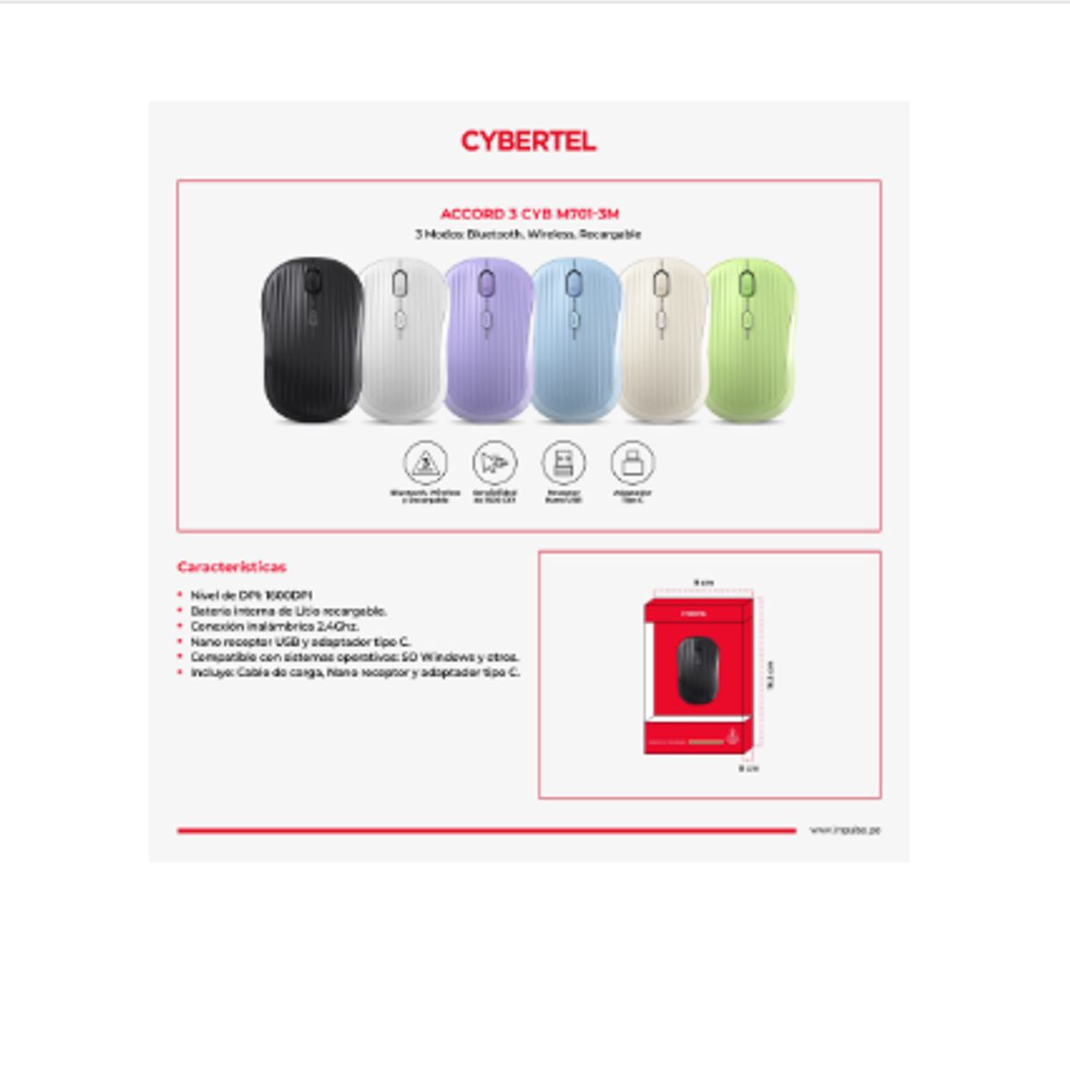 CYBERTEL - Mouse Inalambrico ACCORD CYB M701-3M BTWIFI RECARGABLE PURPLE CYBERTEL