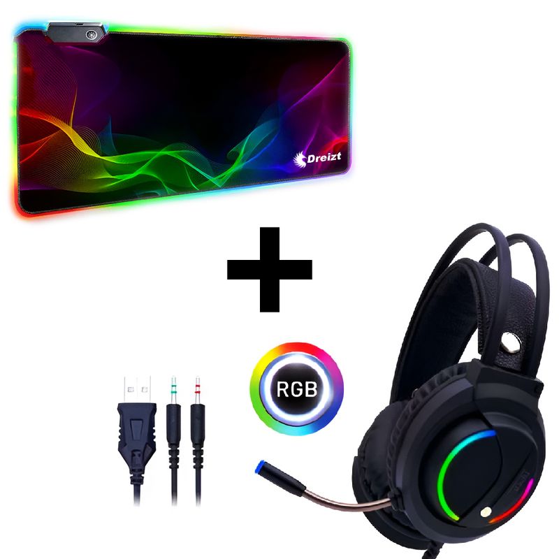 DREIZT - Combo Audífonos Gamer D5000 PRO Luces RGB + Mousepad Gamer RGB Destellos XL 80cm x 30cm