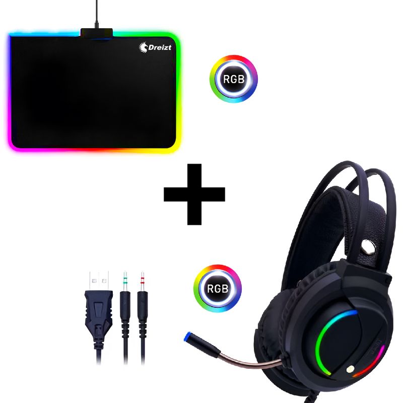DREIZT - Combo Audífonos D5000 Luces RGB + Mousepad RGB Multicolor 30cm x 25cm
