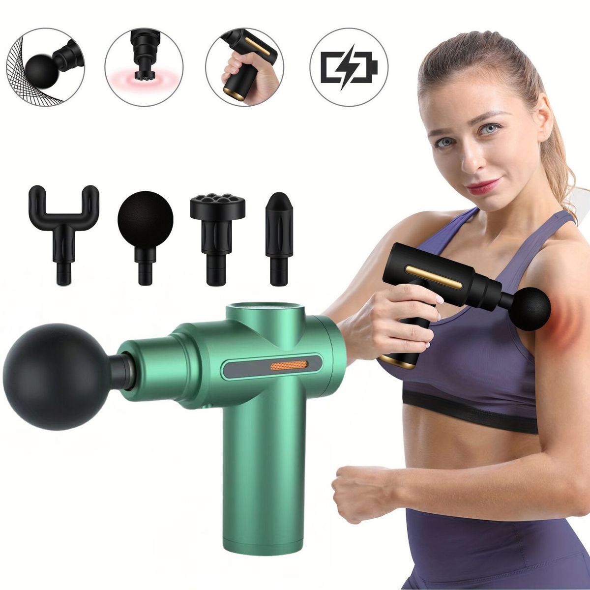 MASSAGE GUNS - Pistola de Masaje LEXT 30W Compacta con 4 Cabezales y USB-C