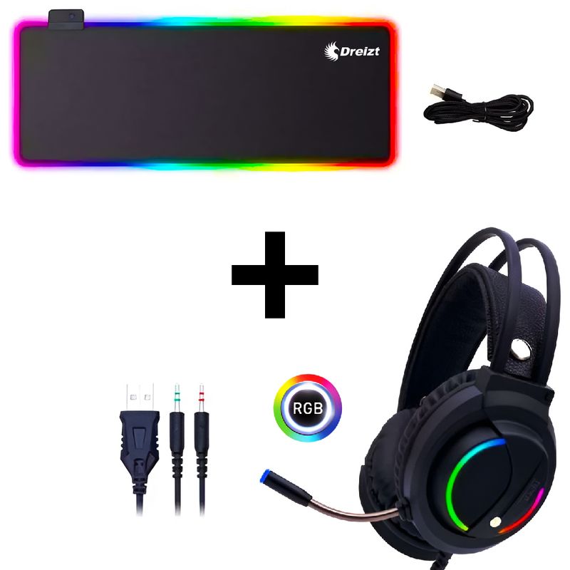 DREIZT - Combo Audífonos D5000 PRO RGB + Mousepad RGB Multicolor XL 80cm x 30cm