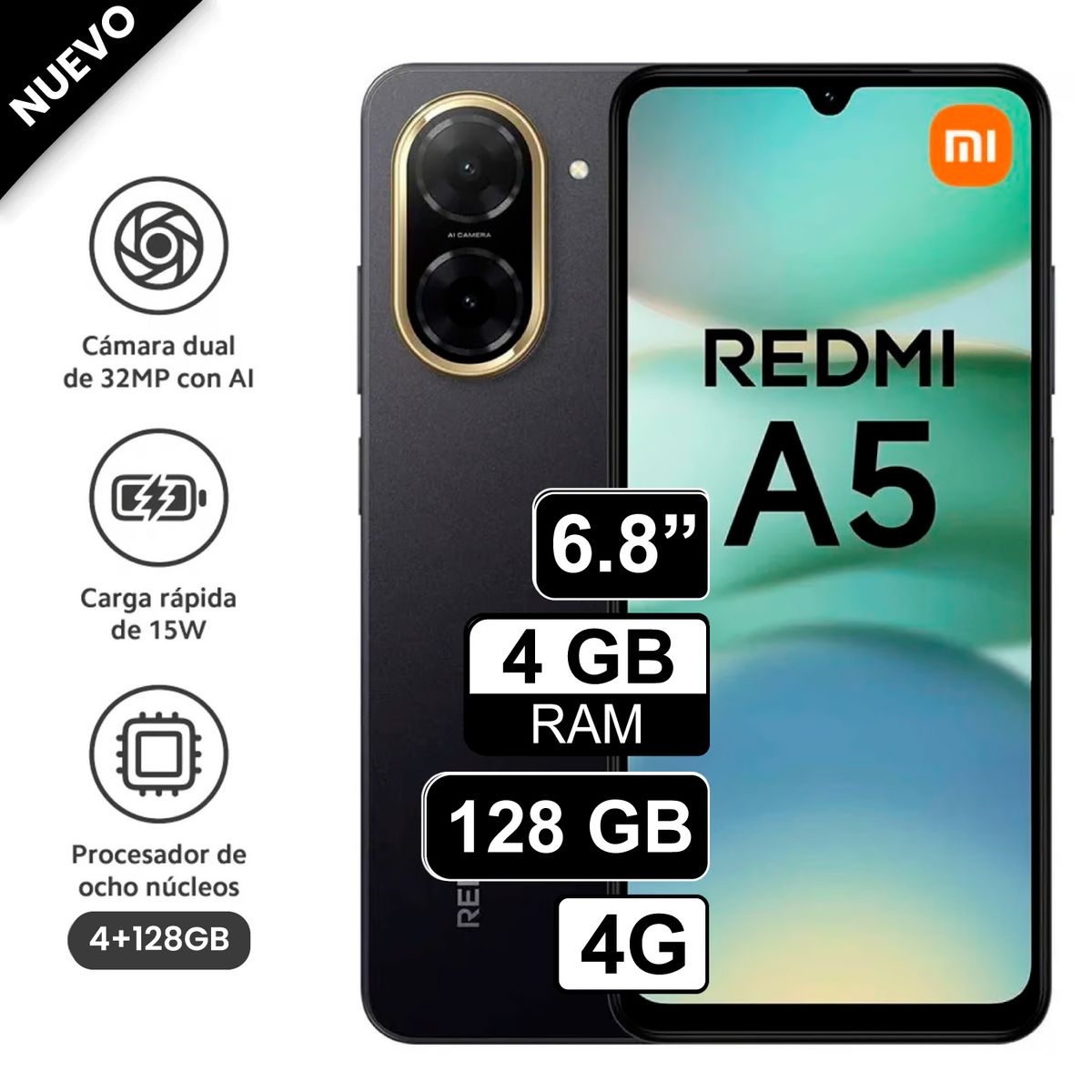 REDMI - Celular Xiaomi Redmi A5 4G 128GB 4GB RAM cámara principal 32MP frontal 8MP 688 Negro