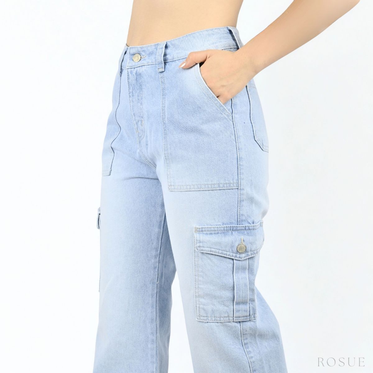 ROSUE - Pantalón Jean Cargo Denim Mujer Hielo