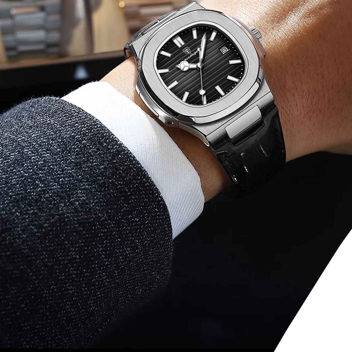 GENERICO - RELOJ HOMBRE CUERO NEGRO PLATEADO POEDAGAR