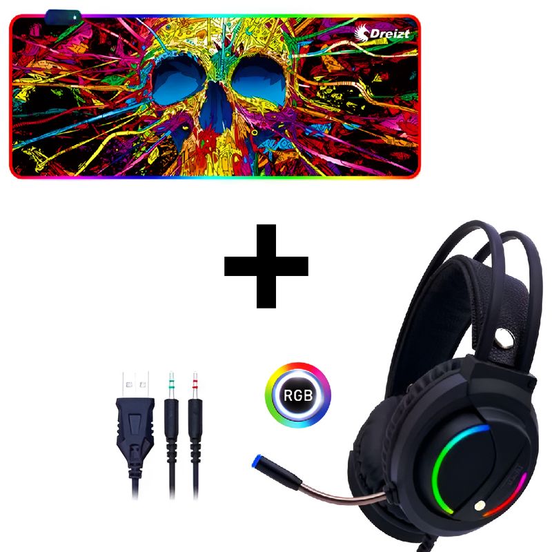 DREIZT - Combo Audífonos D5000 RGB + Mousepad Gamer RGB Calavera XL 80cm x 30cm