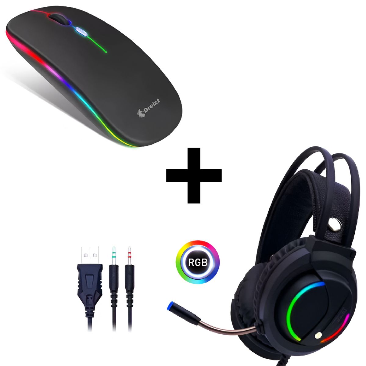 DREIZT - Combo Audífonos D5000 RGB + Mouse Recargable LED RGB Dreizt Negro