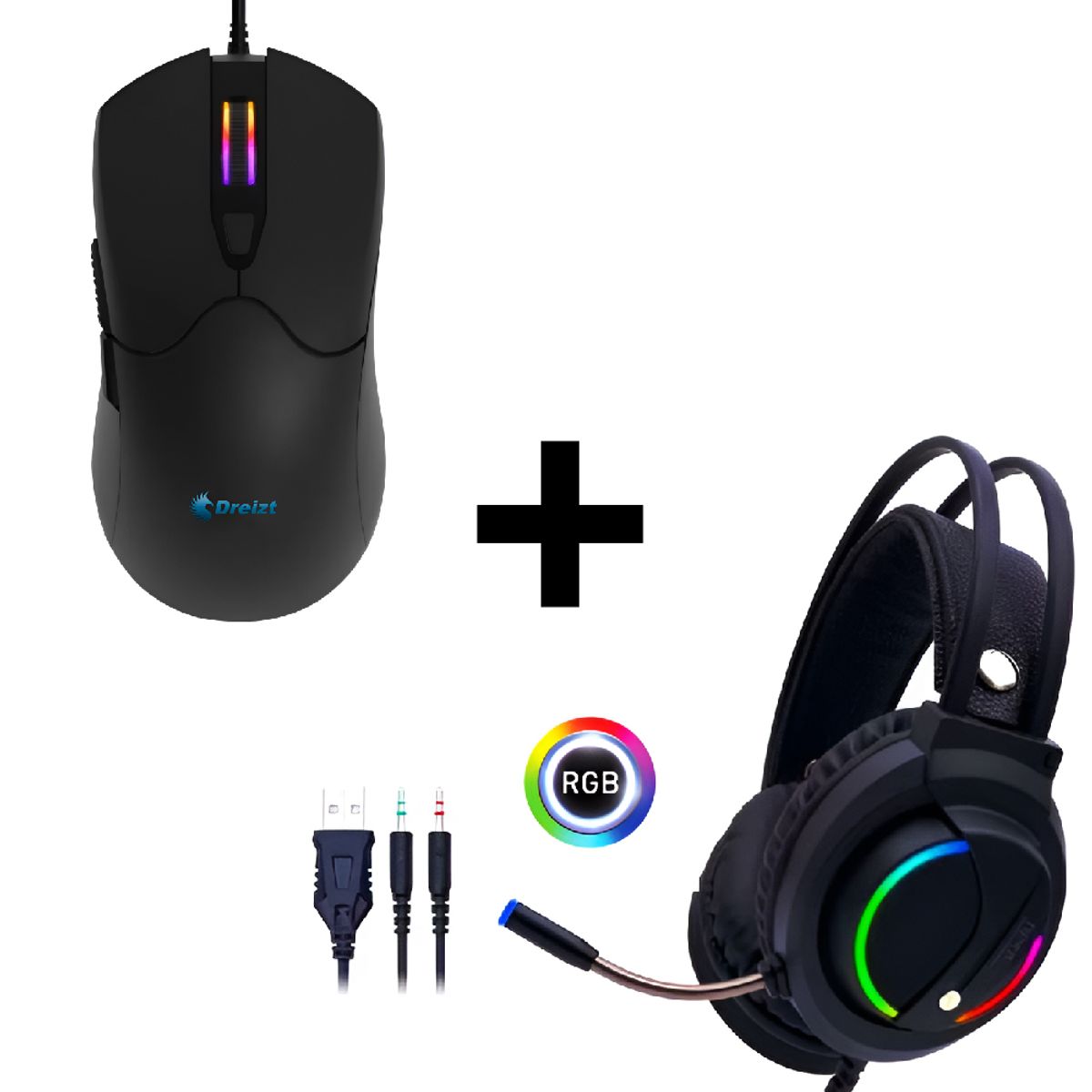 DREIZT - Combo Audífonos Gamer D5000RGB + Mouse Gamer RGB Mate 12,800 dpi Negro
