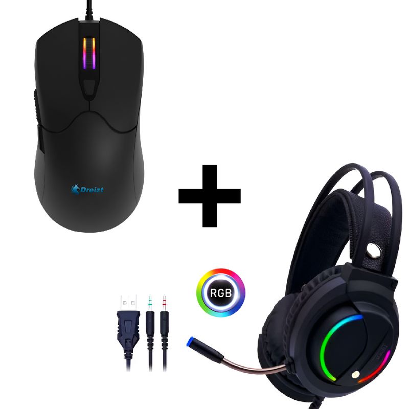 DREIZT - Combo Audífonos Gamer D5000RGB + Mouse Gamer RGB Mate 12,800 dpi Negro