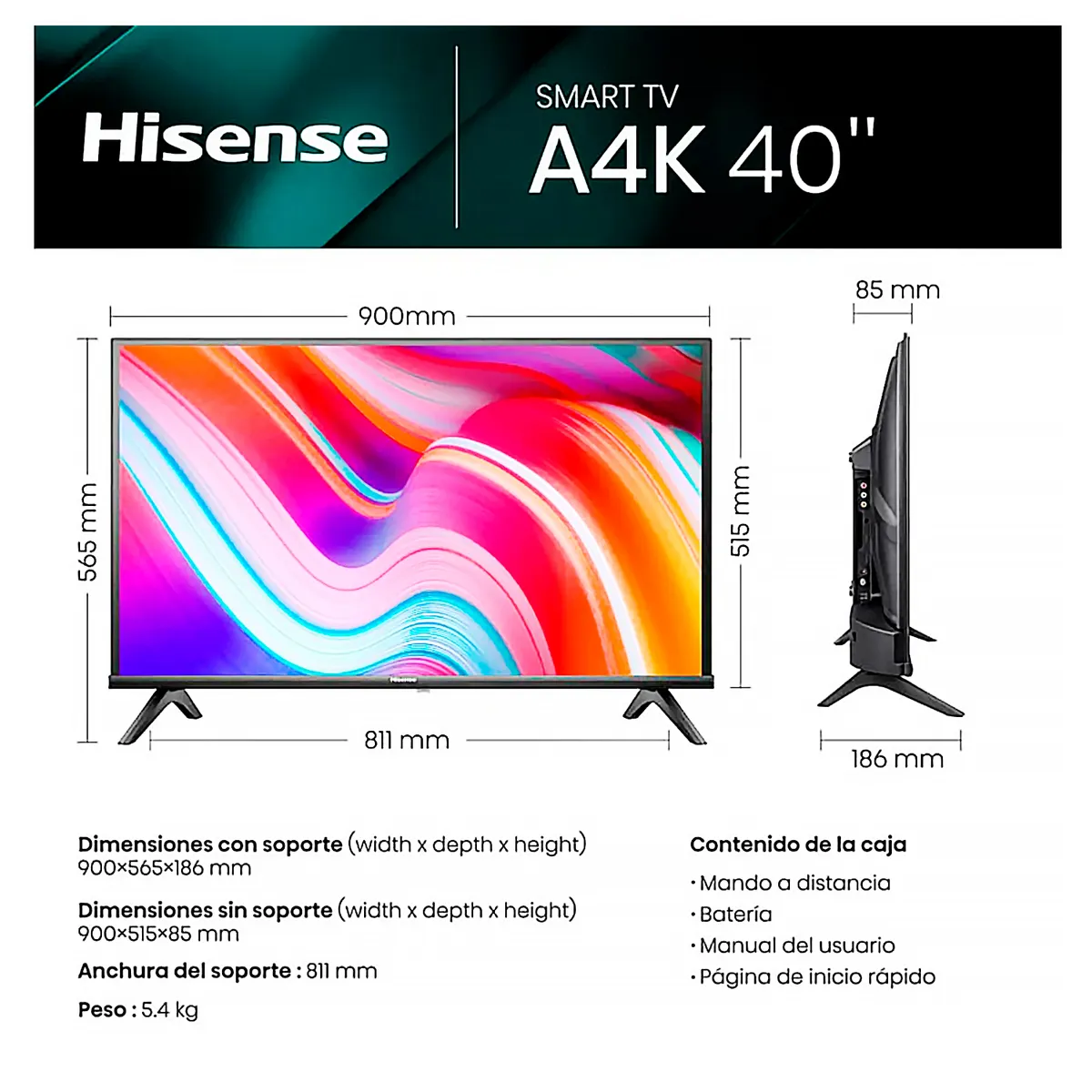 HISENSE - Televisor Hisense 40 Pulg. LED FHD 40A4K Negro + RACK MOVIL