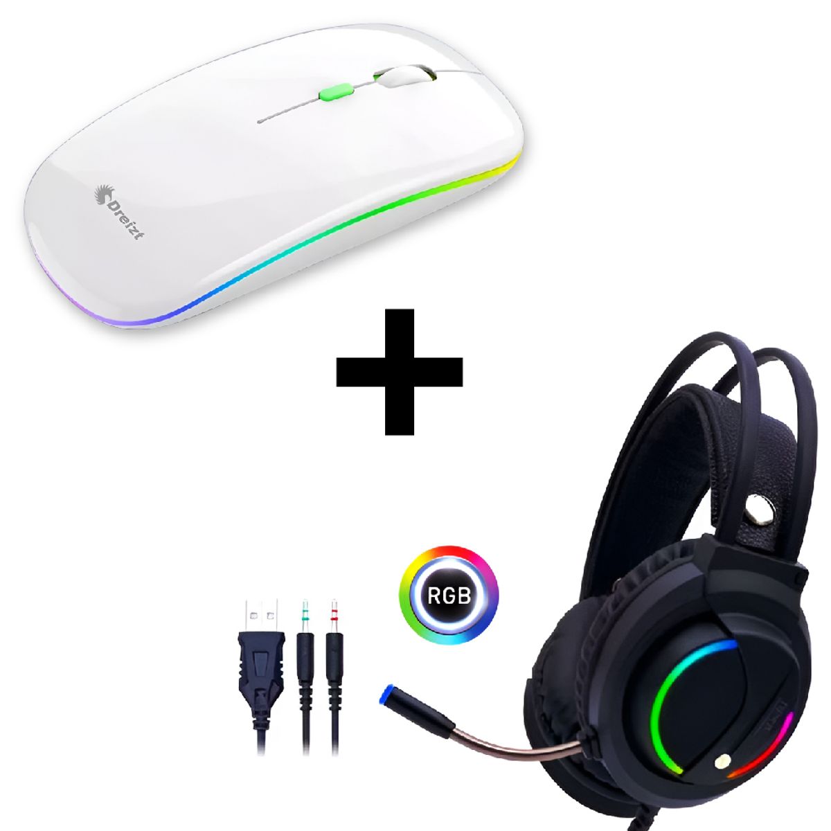 DREIZT - Combo Audífonos D5000Luces RGB + Mouse  Recargable LED RGBDreizt Blanco