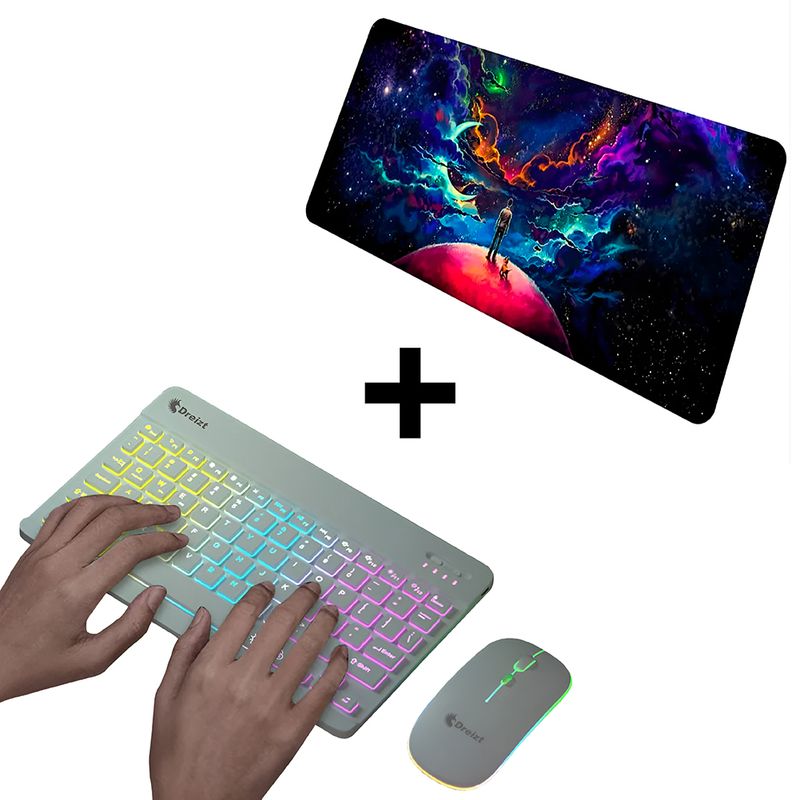 DREIZT - Combo Kit Teclado y Mouse RGB Blanco + Mousepad Galaxia XL 80cm x 30cm