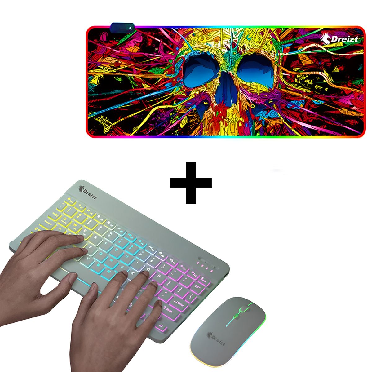 DREIZT - Combo Teclado y Mouse RGB Blanco + Mousepad RGBCALAVERA XL 80cm x 30cm