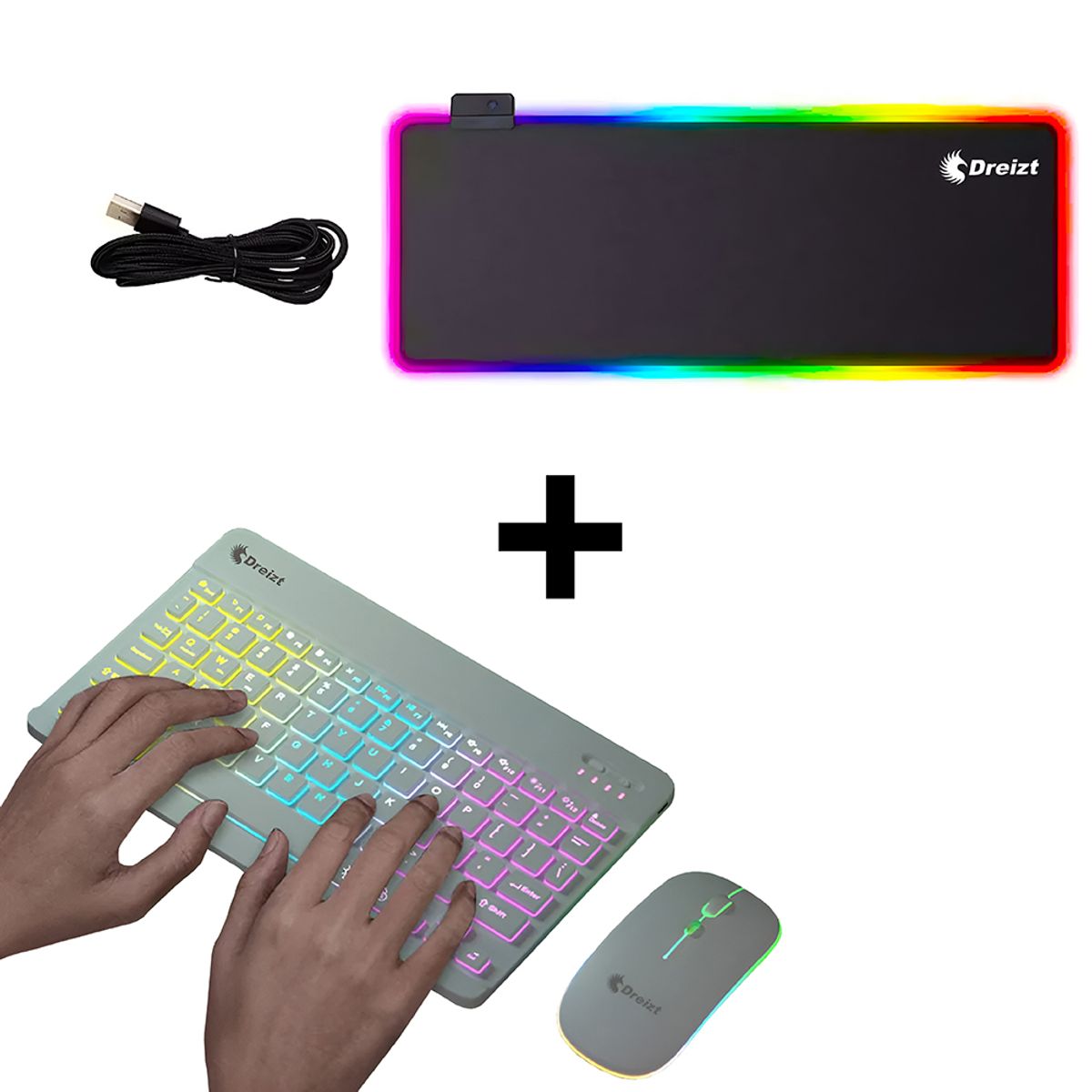 DREIZT - Combo Teclado y Mouse RGB Blanco + Mousepad Multicolor XL 80cm x 30cm