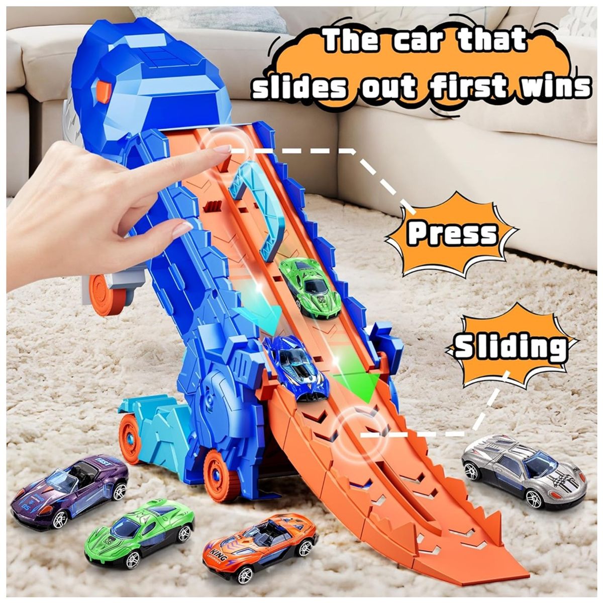 PEQUEÑAS TRAVESURAS - Pista Remolque Transportador Dinosaurio T-Rex Azul Come Autos 2 en 1