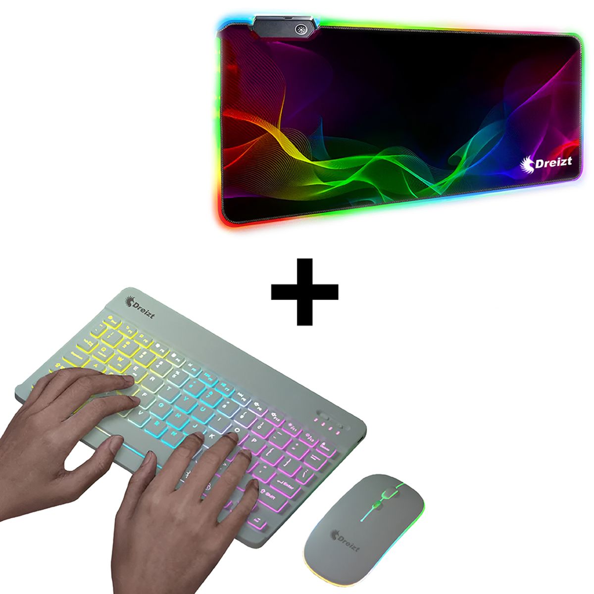 DREIZT - Combo Kit Teclado Mouse RGB Blanco+ Mousepad RGB Destellos 80cm x 30cm