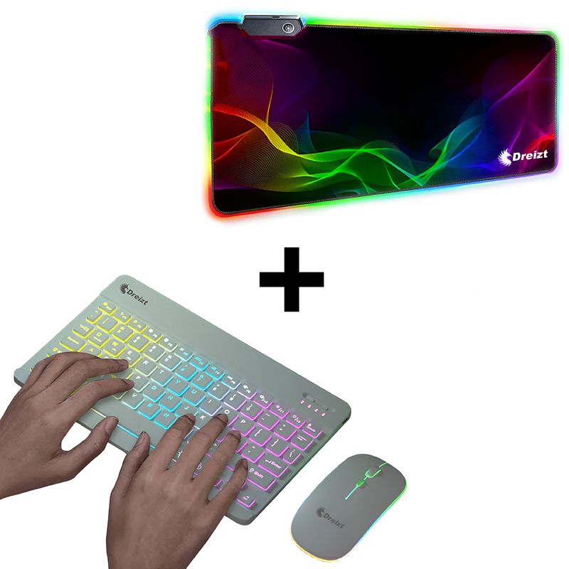 DREIZT - Combo Kit Teclado Mouse RGB Blanco+ Mousepad RGB Destellos 80cm x 30cm