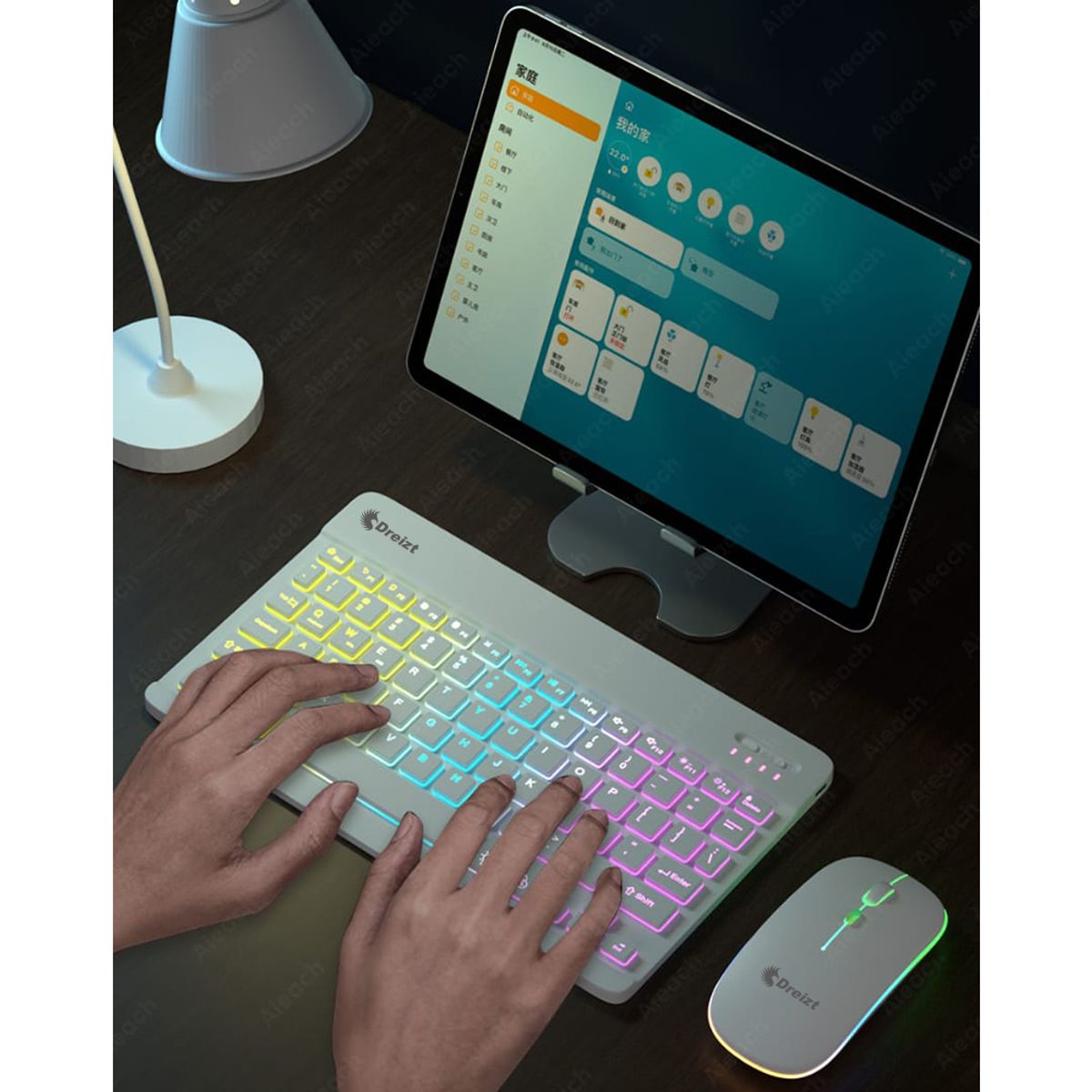 DREIZT - Combo Kit Teclado Mouse RGB Blanco+ Mousepad RGB Destellos 80cm x 30cm