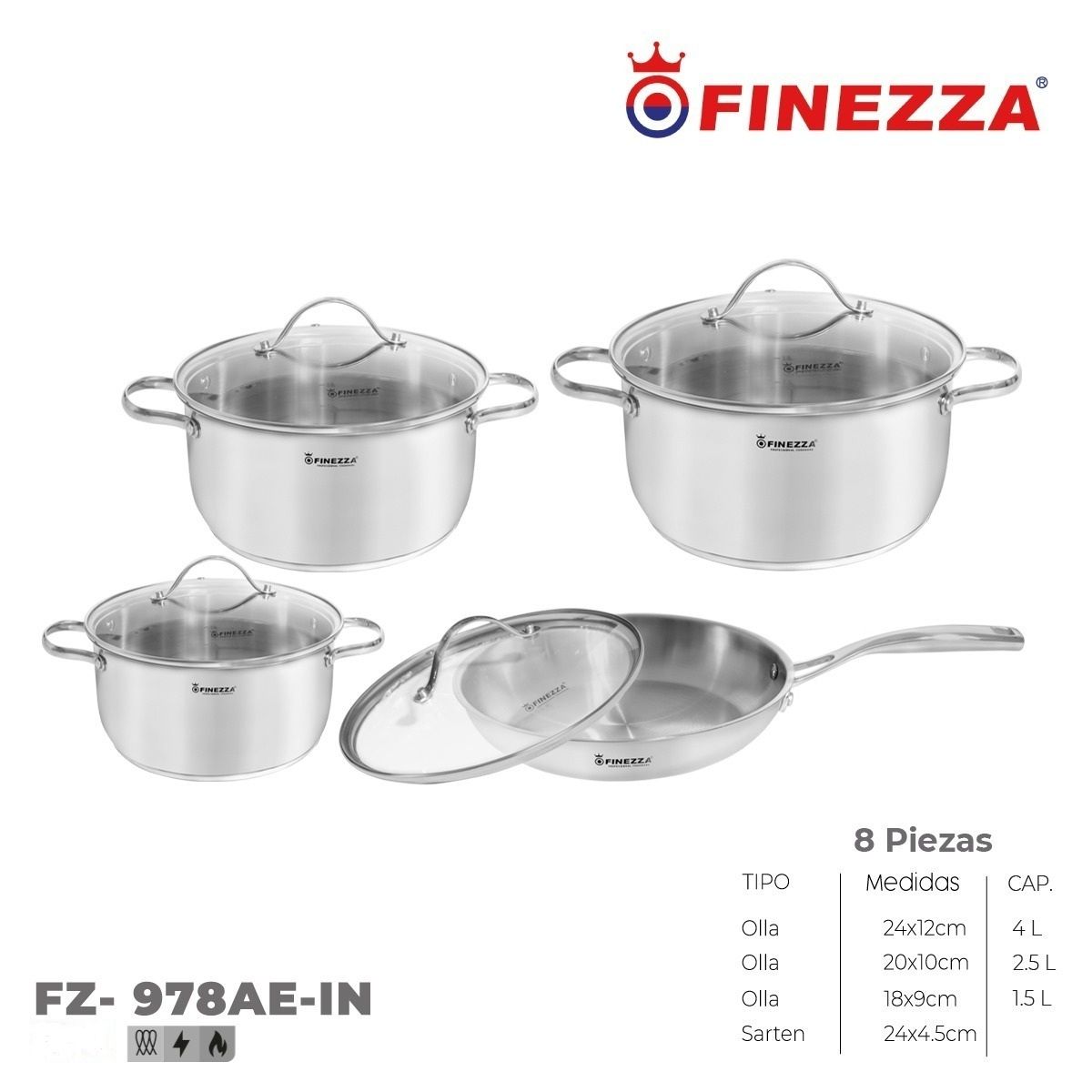FINEZZA - JUEGO DE OLLAS DE ACERO FINEZZA DE 8 PZS.(FZ-978AE-IN)