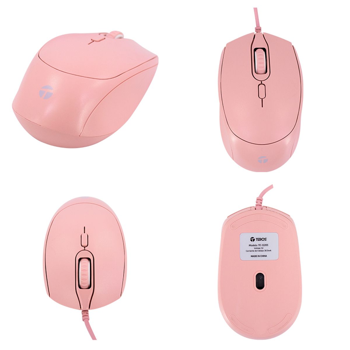 TEROS - Mouse óptico Teros, 3 Resoluciones 800-1200-1600 DPI, USB, Rosado