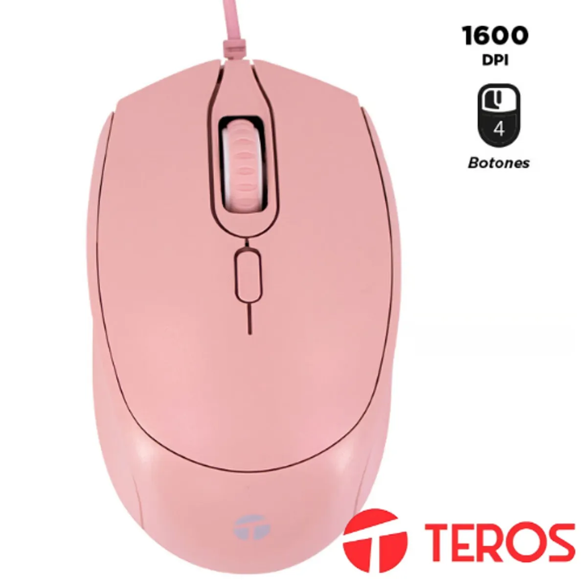 TEROS - Mouse óptico Teros, 3 Resoluciones 800-1200-1600 DPI, USB, Rosado