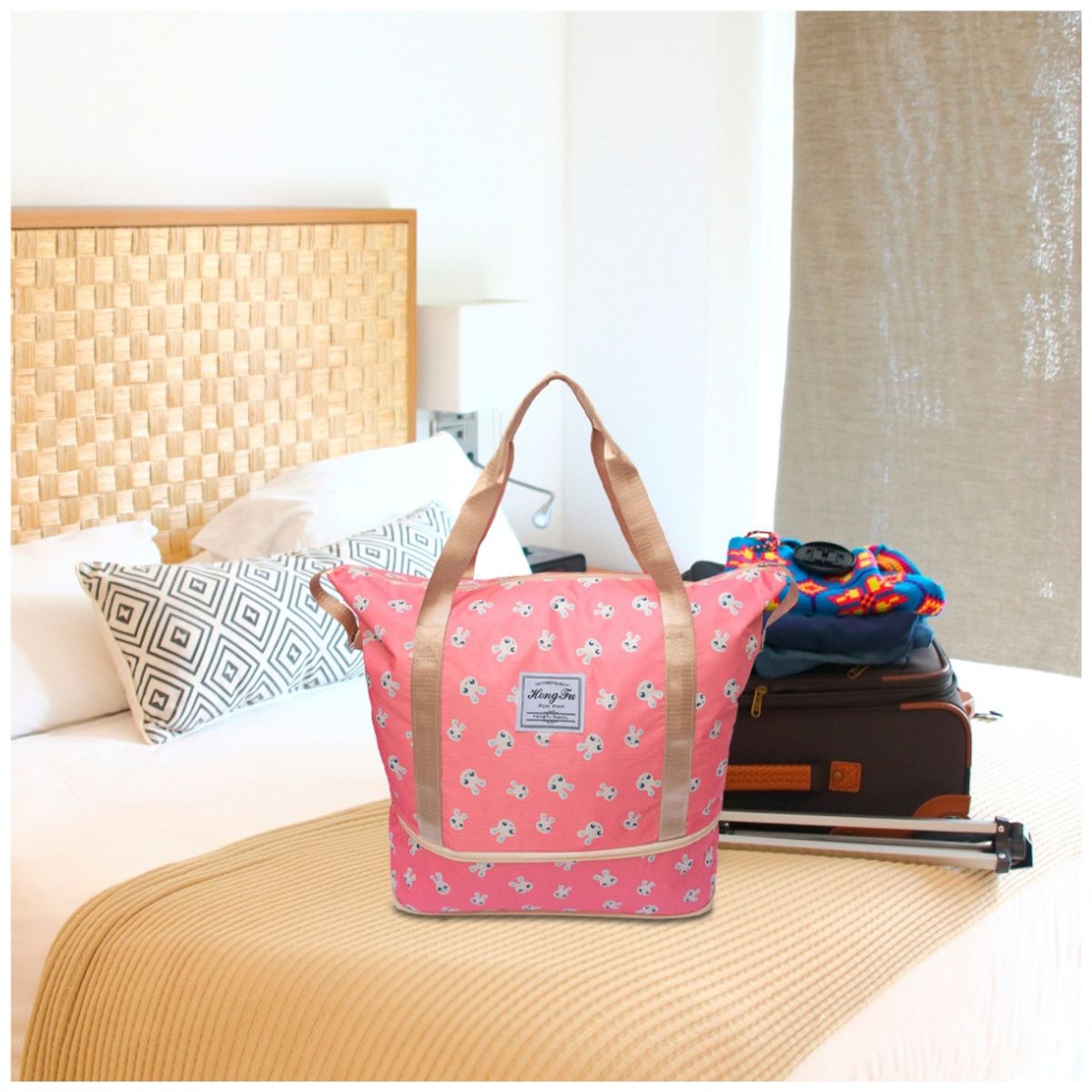 MINARI - Bolso de Viaje Cartera Expandible Impermeable Rosado Conejo 30B