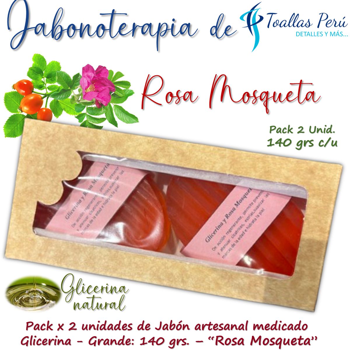 TOALLAS PERU DETALLES Y MAS - Jabón artesanal Glicerina 140 grs Pack x 2 - Rosa Mosqueta