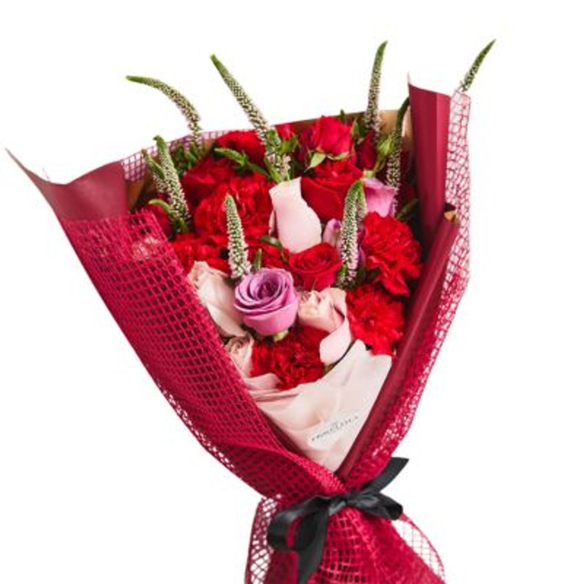 GENERICO - Ramo de rosas rojas lilas y rosadas claveles rojos  verónicas