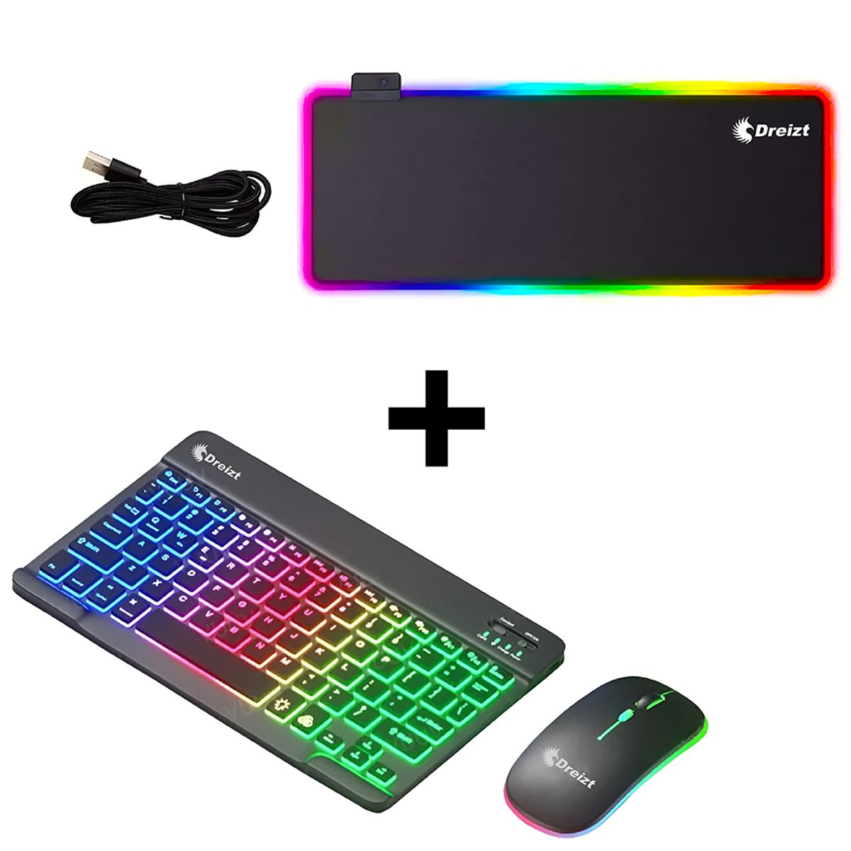 DREIZT - Combo Kit Teclado Mouse RGB Negro+Mousepad RGB Multicolor XL 80cmx30cm