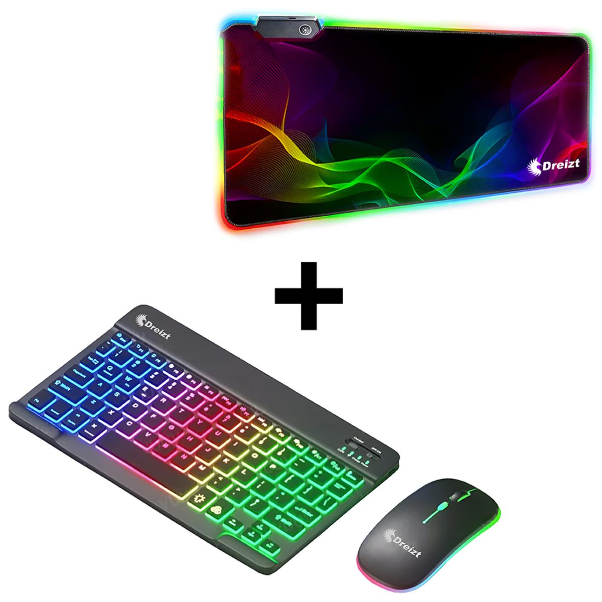 DREIZT - Combo Kit Teclado Mouse RGB Negro+ Mousepad RGB DESTELLOS XL 80cmx30cm