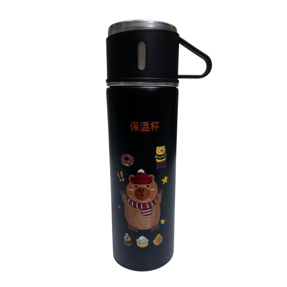 GENERICO - TERMO CAPIBARA DE 500 ML CON TRES TAZAS DE REGALO - NEGRO