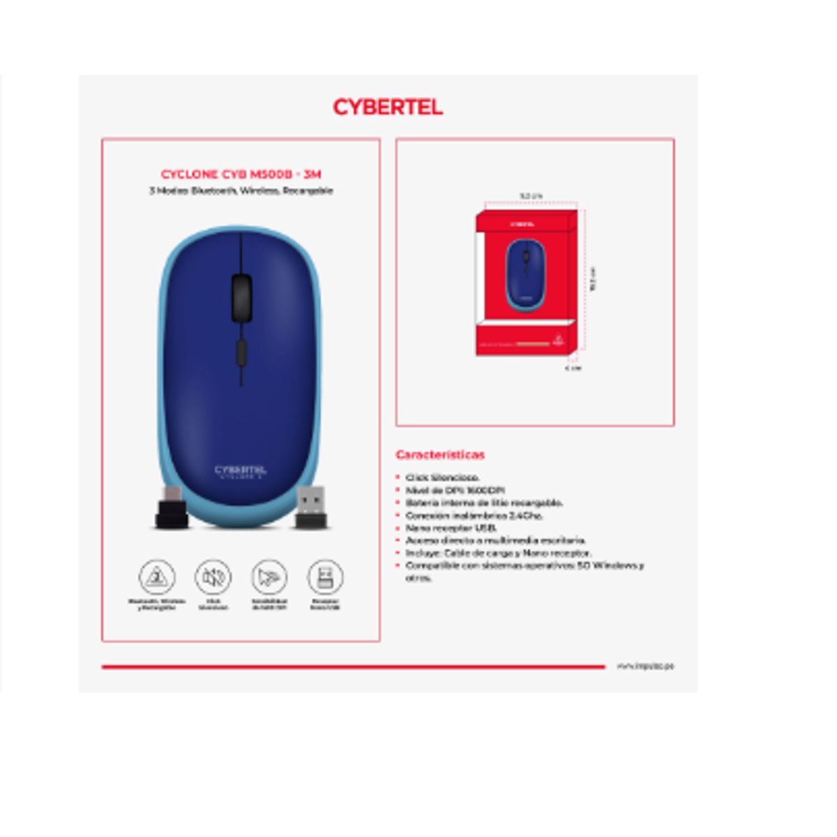 CYBERTEL - Mouse Inalambrico CYCLONE CYB M500-3m BT WIFI Recargable USB-C