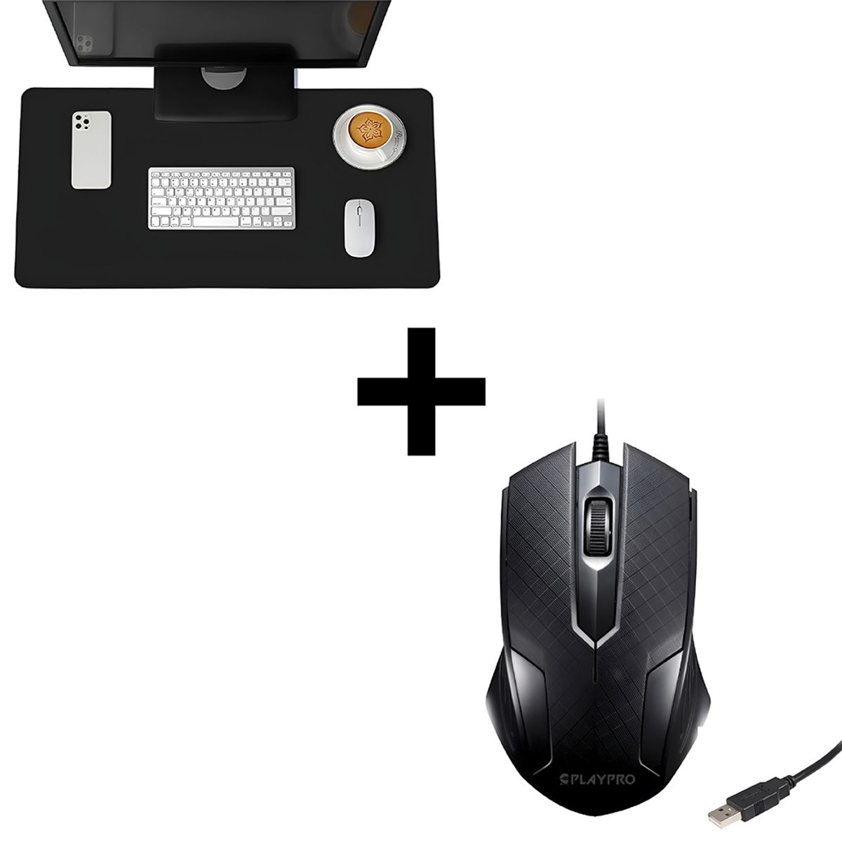 PLAYPRO - Mouse Ergonómico Usb Pc Laptop Negro Playpro + mousepad dreizt negro
