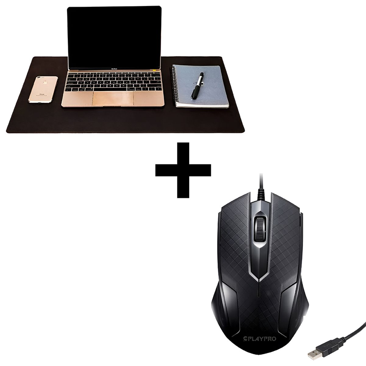 PLAYPRO - Mouse Ergonómico Usb Pc Laptop Negro Playpro + mousepad  dreizt marrón