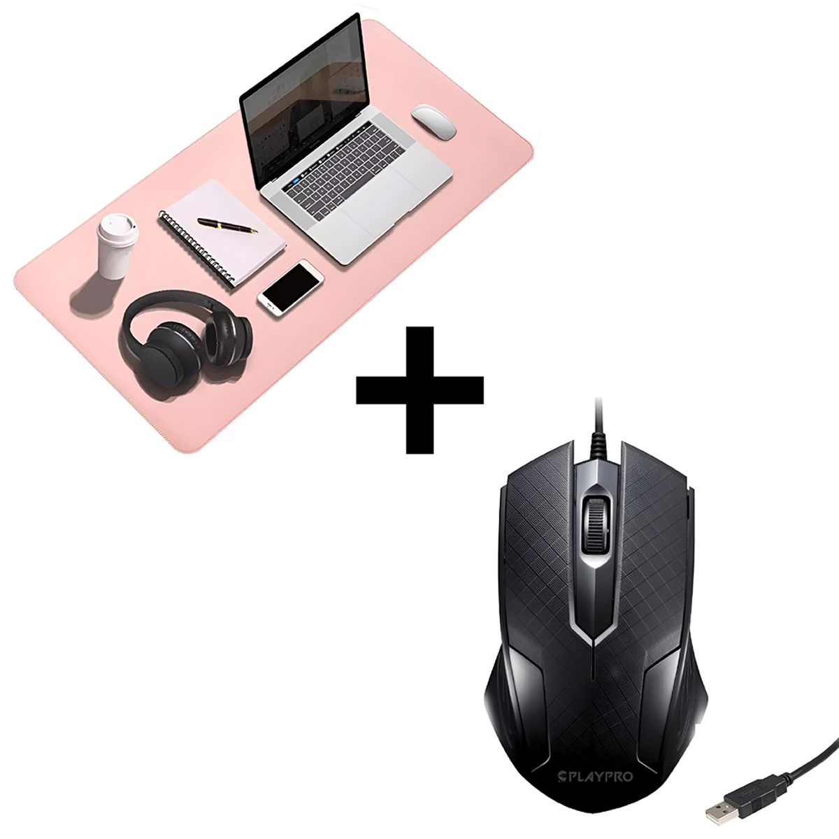 PLAYPRO - Mouse Ergonómico Usb Pc Laptop Negro Playpro + mousepad dreizt rosado